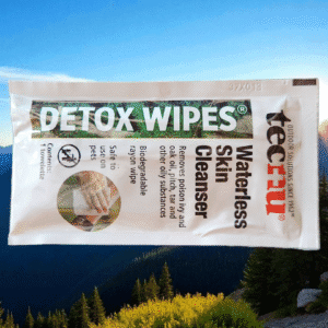 Detox wipes package with mountain background.